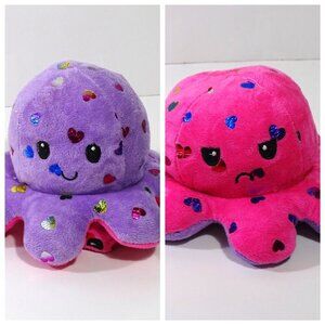 Reversible Metallic Heart Plush Octopus Toy Happy and Angry Pink and Purple